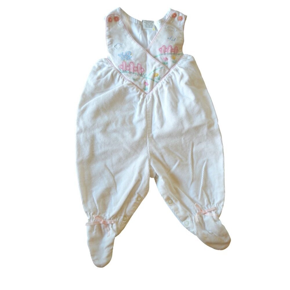 Vintage 90s White Corduroy Sleeveless Jumpsuit Baby Girl Size 3-6 Months Cottage